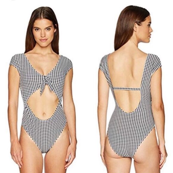 Jessica Simpson Gingham Retro Bow Cutout Cap Sleeve Maillot Swimsuit Medium - Picture 1 of 6